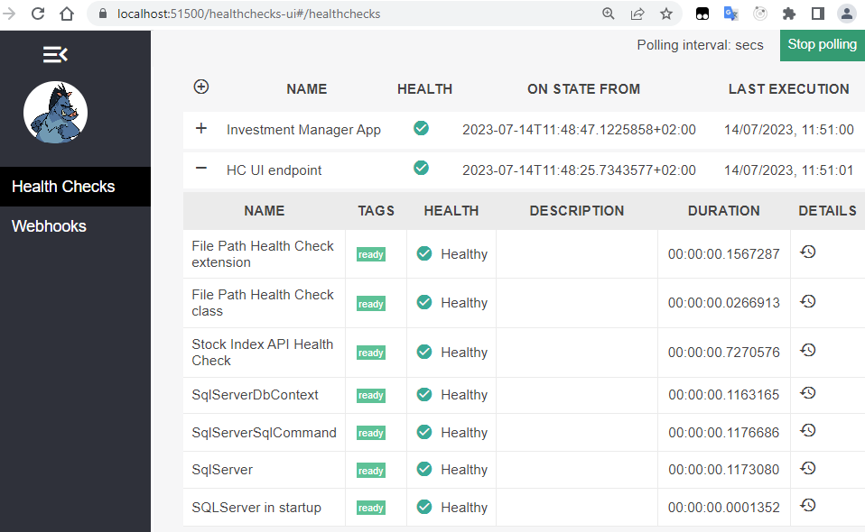 Health check results on the user interface